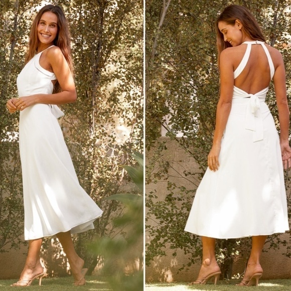 LULU's Bridal Shower Engagement Honeymoon Flowy Sexy Tie Back Chic Midi Dress - Picture 4 of 5